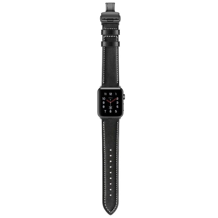 Genuine Leather + Butterfly Black Buckle Watch Band For Apple Watch Series 7 45mm / 6 & SE & 5 & 4 44mm / 3 & 2 & 1 42mm(Black) by bashfashion