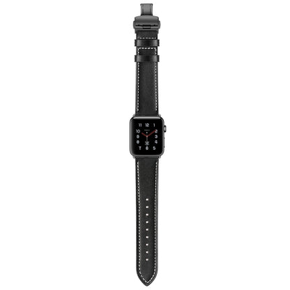 Genuine Leather + Butterfly Black Buckle Watch Band For Apple Watch Series 7 45mm / 6 & SE & 5 & 4 44mm / 3 & 2 & 1 42mm(Black) by bashfashion