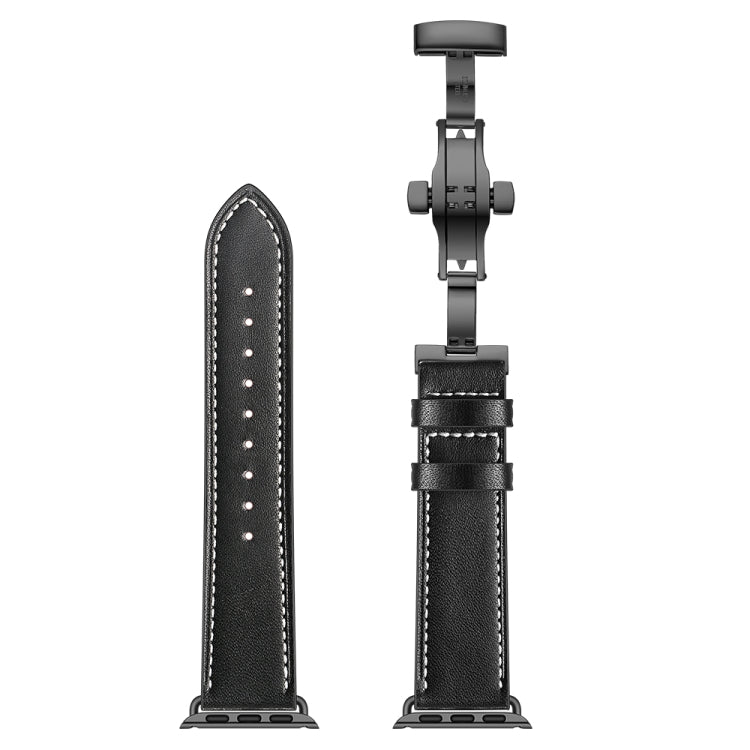 Genuine Leather + Butterfly Black Buckle Watch Band For Apple Watch Series 7 45mm / 6 & SE & 5 & 4 44mm / 3 & 2 & 1 42mm(Black) by bashfashion