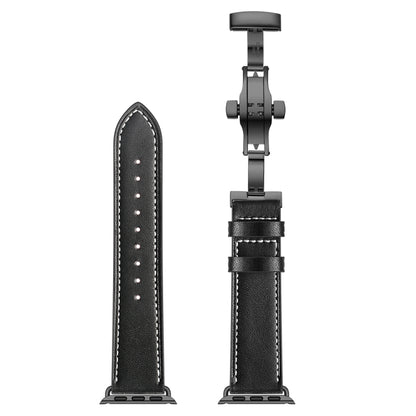 Genuine Leather + Butterfly Black Buckle Watch Band For Apple Watch Series 7 45mm / 6 & SE & 5 & 4 44mm / 3 & 2 & 1 42mm(Black) by bashfashion