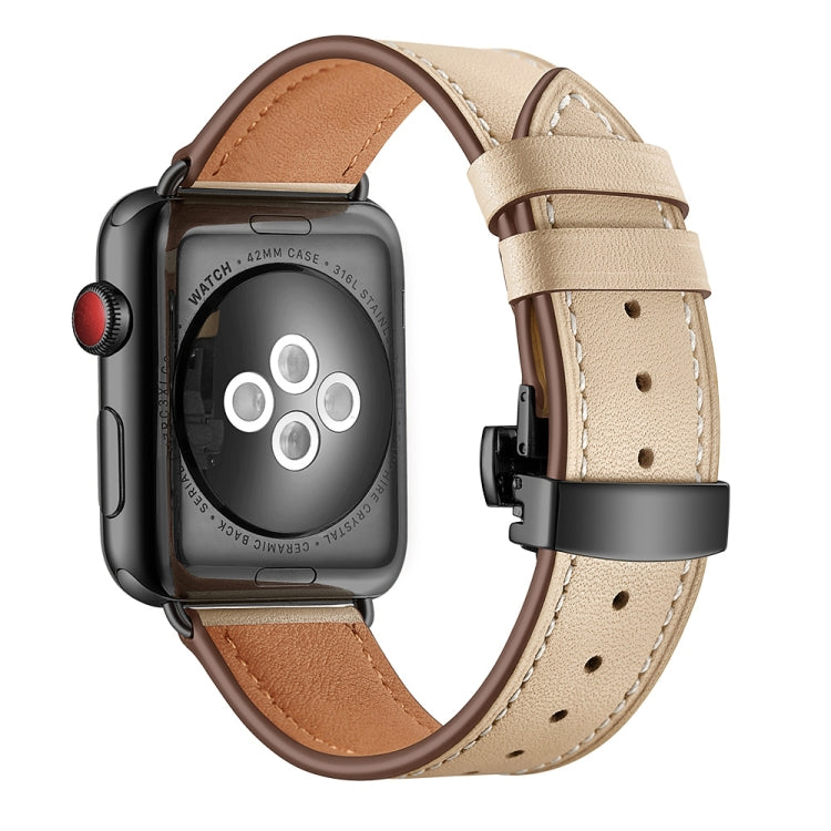 Genuine Leather + Butterfly Black Buckle Watch Band For Apple Watch Series 7 45mm / 6 & SE & 5 & 4 44mm / 3 & 2 & 1 42mm(Apricot) by bashfashion