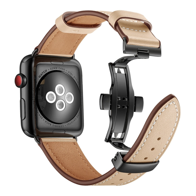 Genuine Leather + Butterfly Black Buckle Watch Band For Apple Watch Series 7 45mm / 6 & SE & 5 & 4 44mm / 3 & 2 & 1 42mm(Apricot) by bashfashion