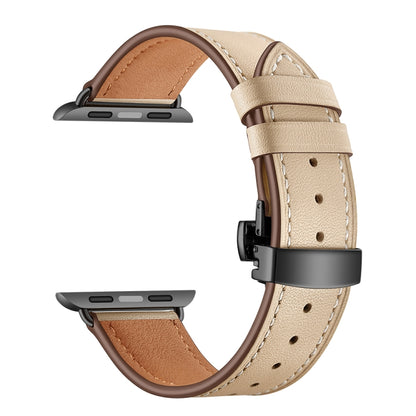 Genuine Leather + Butterfly Black Buckle Watch Band For Apple Watch Series 7 45mm / 6 & SE & 5 & 4 44mm / 3 & 2 & 1 42mm(Apricot) by bashfashion