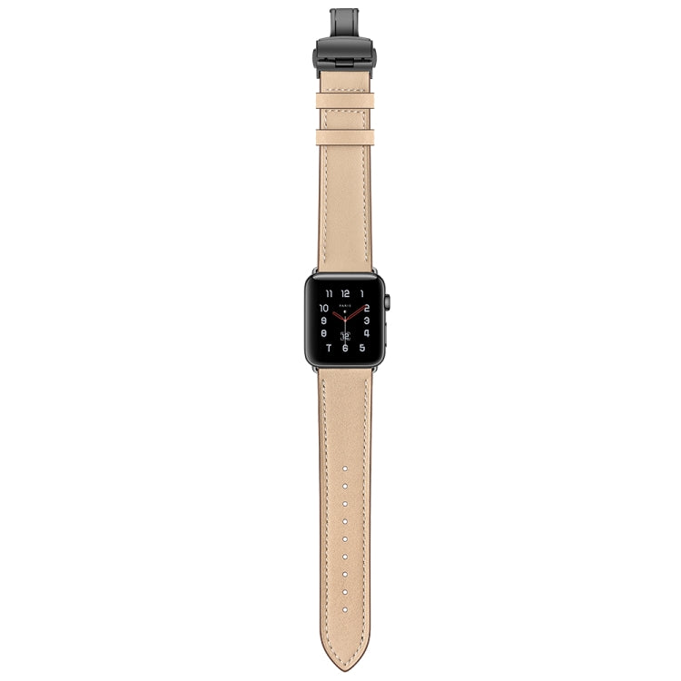 Genuine Leather + Butterfly Black Buckle Watch Band For Apple Watch Series 7 45mm / 6 & SE & 5 & 4 44mm / 3 & 2 & 1 42mm(Apricot) by bashfashion