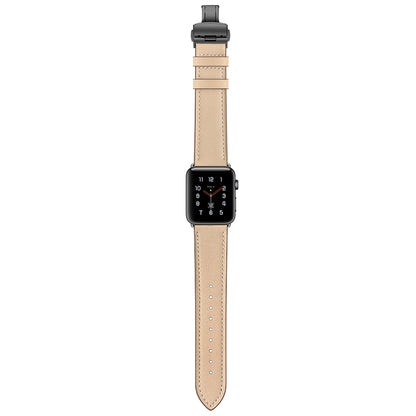 Genuine Leather + Butterfly Black Buckle Watch Band For Apple Watch Series 7 45mm / 6 & SE & 5 & 4 44mm / 3 & 2 & 1 42mm(Apricot) by bashfashion
