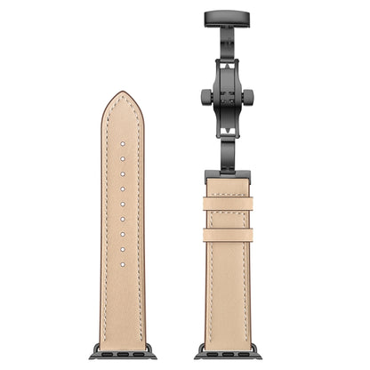 Genuine Leather + Butterfly Black Buckle Watch Band For Apple Watch Series 7 45mm / 6 & SE & 5 & 4 44mm / 3 & 2 & 1 42mm(Apricot) by bashfashion
