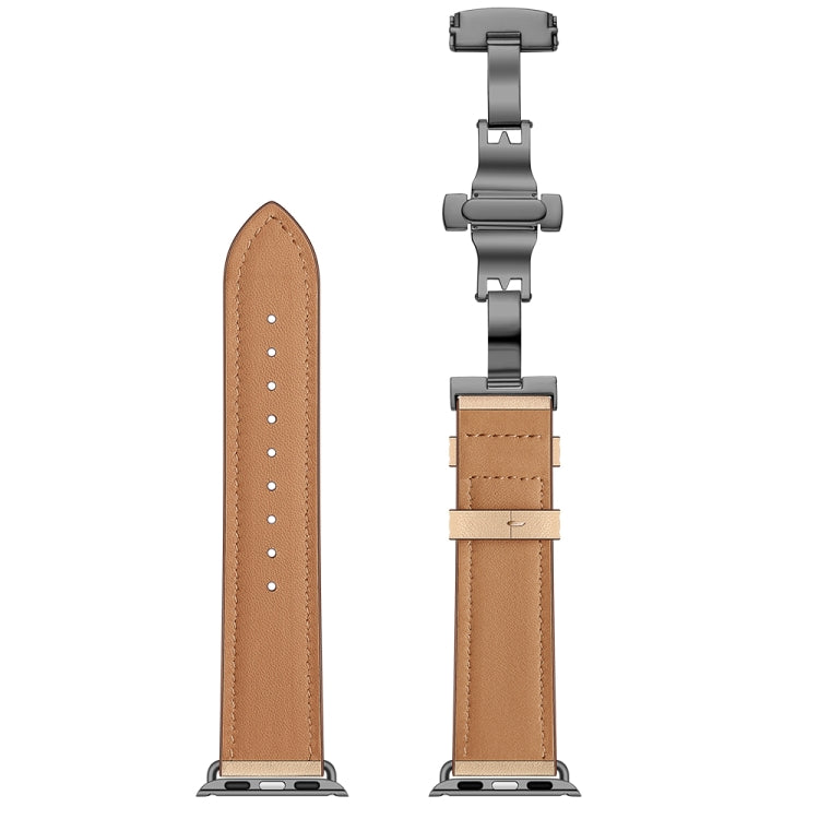 Genuine Leather + Butterfly Black Buckle Watch Band For Apple Watch Series 7 45mm / 6 & SE & 5 & 4 44mm / 3 & 2 & 1 42mm(Apricot) by bashfashion