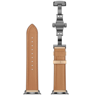 Genuine Leather + Butterfly Black Buckle Watch Band For Apple Watch Series 7 45mm / 6 & SE & 5 & 4 44mm / 3 & 2 & 1 42mm(Apricot) by bashfashion