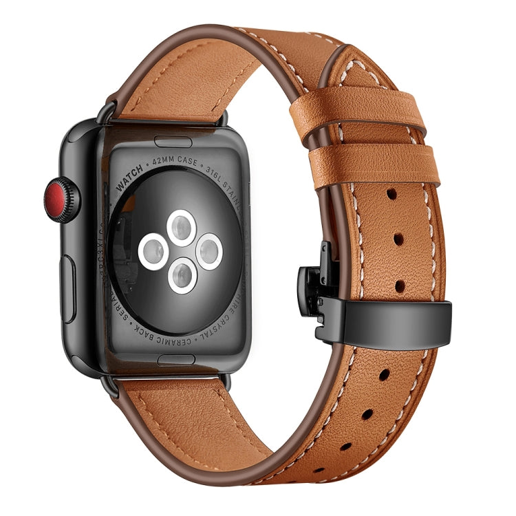 Genuine Leather + Butterfly Black Buckle Watch Band For Apple Watch Series 7 45mm / 6 & SE & 5 & 4 44mm / 3 & 2 & 1 42mm(Brown) by bashfashion