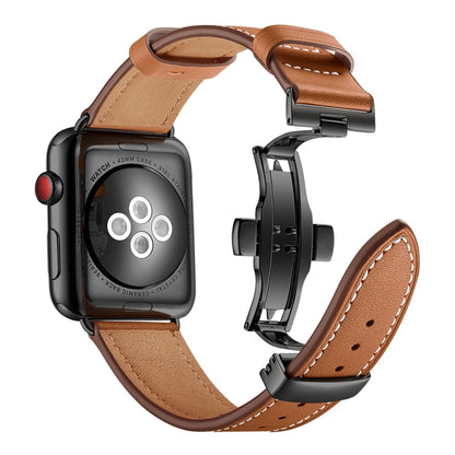 Genuine Leather + Butterfly Black Buckle Watch Band For Apple Watch Series 7 45mm / 6 & SE & 5 & 4 44mm / 3 & 2 & 1 42mm(Brown) by bashfashion