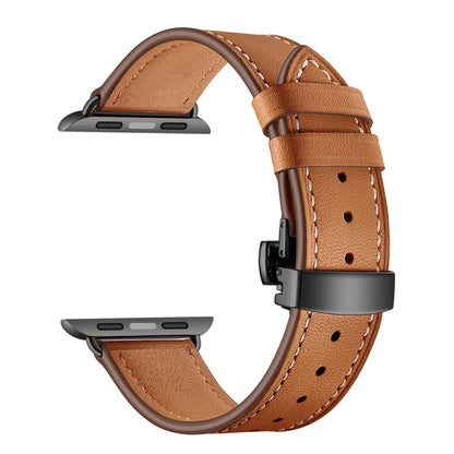 Genuine Leather + Butterfly Black Buckle Watch Band For Apple Watch Series 7 45mm / 6 & SE & 5 & 4 44mm / 3 & 2 & 1 42mm(Brown) by bashfashion