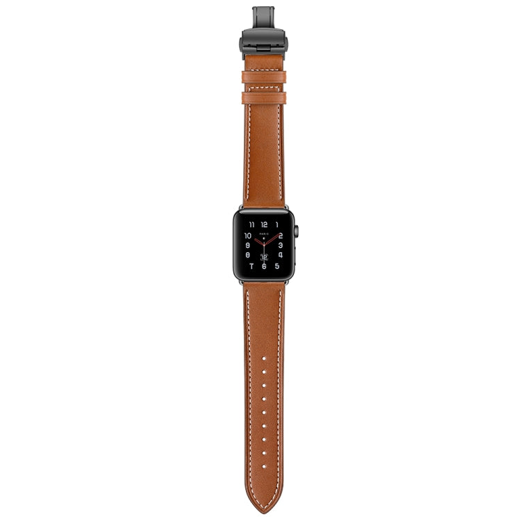 Genuine Leather + Butterfly Black Buckle Watch Band For Apple Watch Series 7 45mm / 6 & SE & 5 & 4 44mm / 3 & 2 & 1 42mm(Brown) by bashfashion