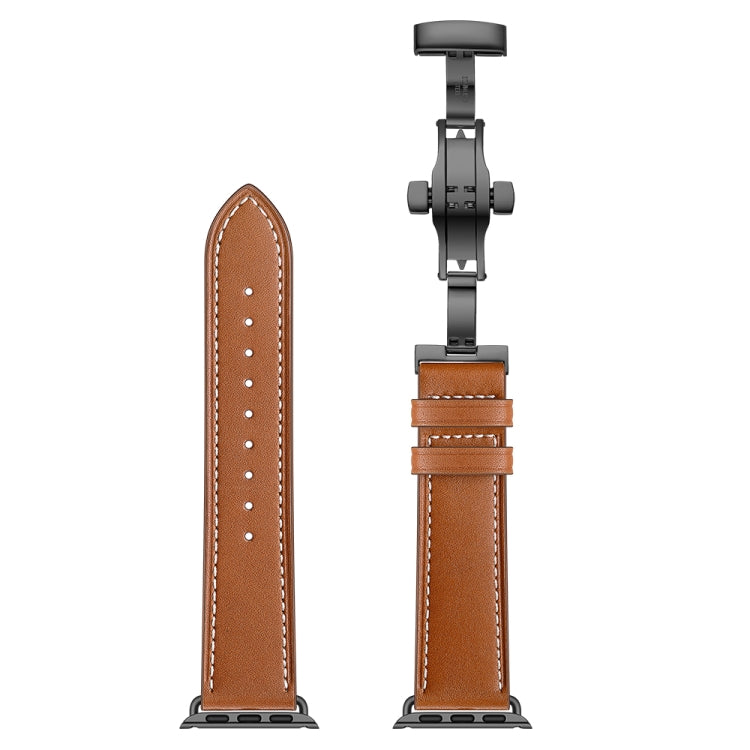 Genuine Leather + Butterfly Black Buckle Watch Band For Apple Watch Series 7 45mm / 6 & SE & 5 & 4 44mm / 3 & 2 & 1 42mm(Brown) by bashfashion