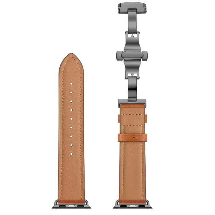 Genuine Leather + Butterfly Black Buckle Watch Band For Apple Watch Series 7 45mm / 6 & SE & 5 & 4 44mm / 3 & 2 & 1 42mm(Brown) by bashfashion