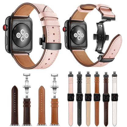 Genuine Leather + Butterfly Black Buckle Watch Band For Apple Watch Series 7 45mm / 6 & SE & 5 & 4 44mm / 3 & 2 & 1 42mm(White) by bashfashion