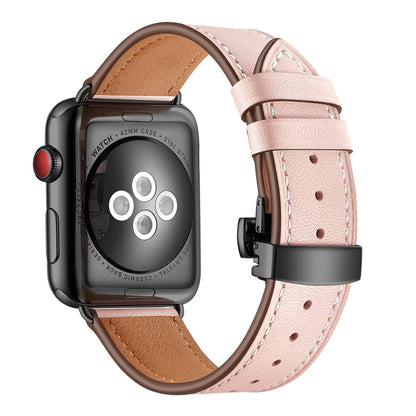 Genuine Leather + Butterfly Black Buckle Watch Band For Apple Watch Series 9&8&7 41mm / SE 3&SE 2&6&SE&5&4 40mm / 3&2&1 38mm(Pink) by bashfashion