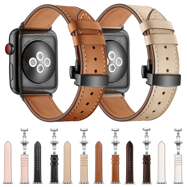 Genuine Leather + Butterfly Black Buckle Watch Band For Apple Watch Series 9&8&7 41mm / SE 3&SE 2&6&SE&5&4 40mm / 3&2&1 38mm(Black) by bashfashion