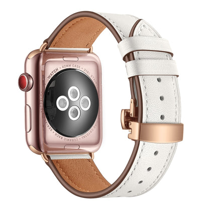 Genuine Leather + Butterfly Rose Gold Buckle Watch Band For Apple Watch Series 7 41mm / 6 & SE & 5 & 4 40mm / 3 & 2 & 1 38mm(White) by bashfashion
