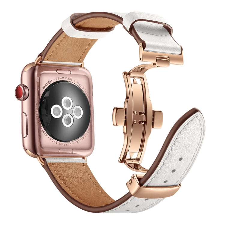 Genuine Leather + Butterfly Rose Gold Buckle Watch Band For Apple Watch Series 7 41mm / 6 & SE & 5 & 4 40mm / 3 & 2 & 1 38mm(White) by bashfashion