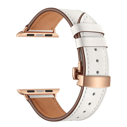 Genuine Leather + Butterfly Rose Gold Buckle Watch Band For Apple Watch Series 7 41mm / 6 & SE & 5 & 4 40mm / 3 & 2 & 1 38mm(White) by bashfashion