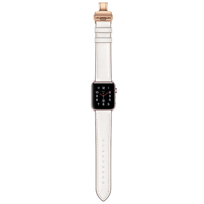 Genuine Leather + Butterfly Rose Gold Buckle Watch Band For Apple Watch Series 7 41mm / 6 & SE & 5 & 4 40mm / 3 & 2 & 1 38mm(White) by bashfashion