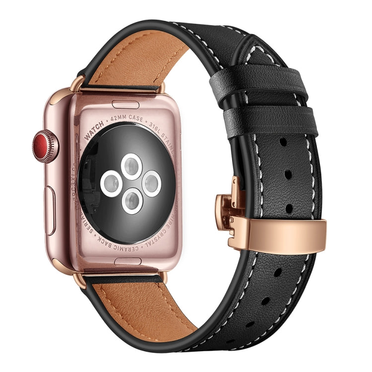 Genuine Leather + Butterfly Rose Gold Buckle Watch Band For Apple Watch Series 7 41mm / 6 & SE & 5 & 4 40mm / 3 & 2 & 1 38mm(Black) by bashfashion
