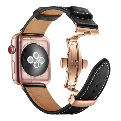 Genuine Leather + Butterfly Rose Gold Buckle Watch Band For Apple Watch Series 7 41mm / 6 & SE & 5 & 4 40mm / 3 & 2 & 1 38mm(Black) by bashfashion