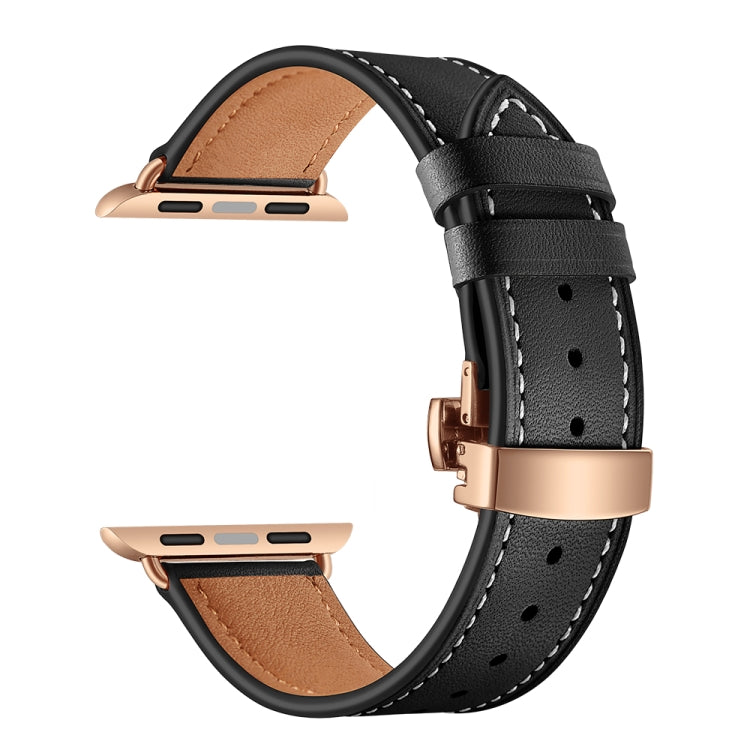 Genuine Leather + Butterfly Rose Gold Buckle Watch Band For Apple Watch Series 7 41mm / 6 & SE & 5 & 4 40mm / 3 & 2 & 1 38mm(Black) by bashfashion