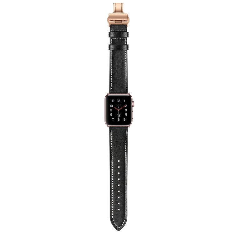 Genuine Leather + Butterfly Rose Gold Buckle Watch Band For Apple Watch Series 7 41mm / 6 & SE & 5 & 4 40mm / 3 & 2 & 1 38mm(Black) by bashfashion