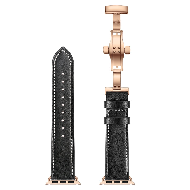 Genuine Leather + Butterfly Rose Gold Buckle Watch Band For Apple Watch Series 7 41mm / 6 & SE & 5 & 4 40mm / 3 & 2 & 1 38mm(Black) by bashfashion