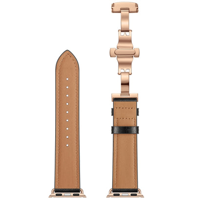 Genuine Leather + Butterfly Rose Gold Buckle Watch Band For Apple Watch Series 7 41mm / 6 & SE & 5 & 4 40mm / 3 & 2 & 1 38mm(Black) by bashfashion