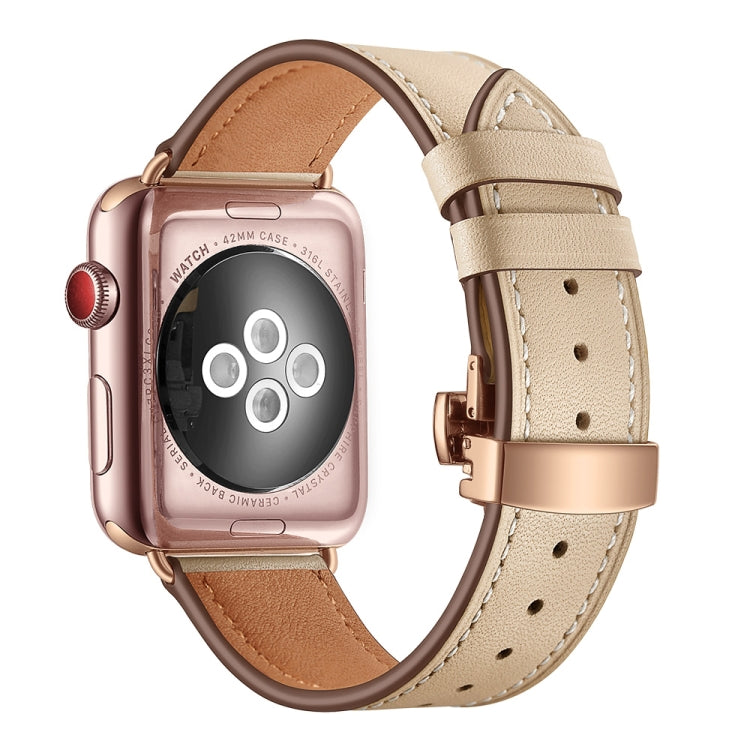 Genuine Leather + Butterfly Rose Gold Buckle Watch Band For Apple Watch Series 9&8&7 41mm / SE 3&SE 2&6&SE&5&4 40mm / 3&2&1 38mm(Apricot) by bashfashion