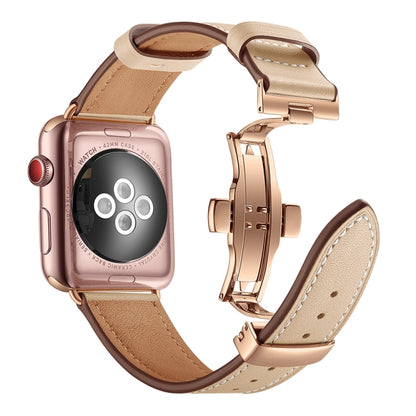Genuine Leather + Butterfly Rose Gold Buckle Watch Band For Apple Watch Series 9&8&7 41mm / SE 3&SE 2&6&SE&5&4 40mm / 3&2&1 38mm(Apricot) by bashfashion