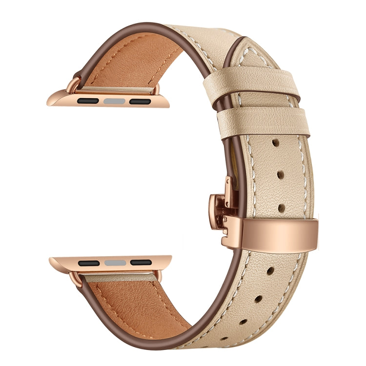 Genuine Leather + Butterfly Rose Gold Buckle Watch Band For Apple Watch Series 9&8&7 41mm / SE 3&SE 2&6&SE&5&4 40mm / 3&2&1 38mm(Apricot) by bashfashion