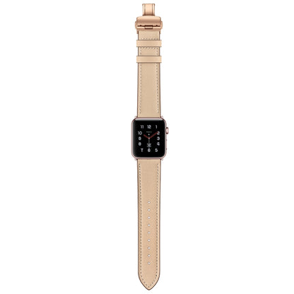 Genuine Leather + Butterfly Rose Gold Buckle Watch Band For Apple Watch Series 9&8&7 41mm / SE 3&SE 2&6&SE&5&4 40mm / 3&2&1 38mm(Apricot) by bashfashion
