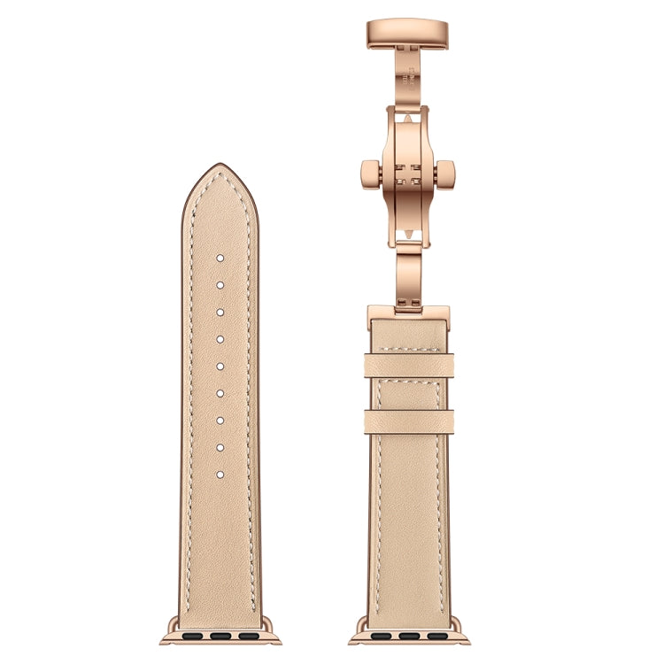 Genuine Leather + Butterfly Rose Gold Buckle Watch Band For Apple Watch Series 9&8&7 41mm / SE 3&SE 2&6&SE&5&4 40mm / 3&2&1 38mm(Apricot) by bashfashion