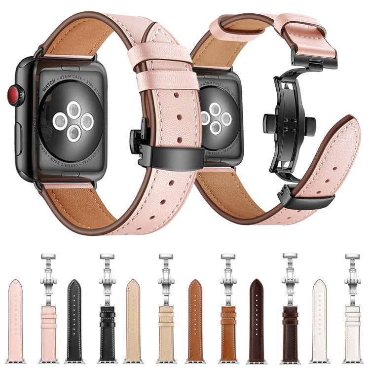 Genuine Leather + Butterfly Rose Gold Buckle Watch Band For Apple Watch Series 7 41mm / 6 & SE & 5 & 4 40mm / 3 & 2 & 1 38mm(Black) by bashfashion