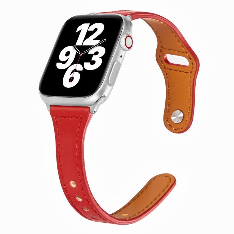Universal T-shaped Thin Reverse Buckle Leather Watch Band For Apple Watch Ultra 49mm&Watch Ultra 2 49mm / Series 9&8&7 45mm / SE 3&SE 2&6&SE&5&4 44mm / 3&2&1 42mm(Red) by bashfashion