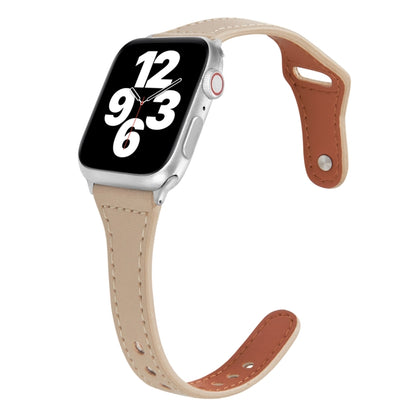 Universal T-shaped Thin Reverse Buckle Leather Watch Band For Apple Watch Ultra 49mm&Watch Ultra 2 49mm / Series 9&8&7 45mm / SE 3&SE 2&6&SE&5&4 44mm / 3&2&1 42mm(Beige) by bashfashion