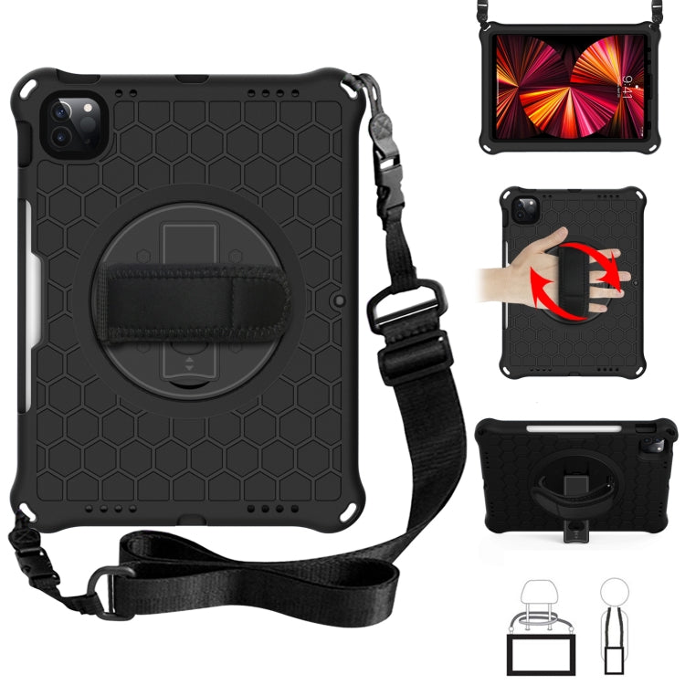 For iPad Pro 11 2022 / 2021 / 2020 / 2018 360 Degree Rotation Honeycomb Shockproof Silicone PC Protective Tablet Case with Holder & Shoulder Strap & Hand Strap(Black) by bashfashion