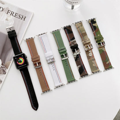 Three Lines Canvas Watch Band For Apple Watch Series 9&8&7 41mm / SE 3&SE 2&6&SE&5&4 40mm / 3&2&1 38mm(Camouflage Green) by bashfashion