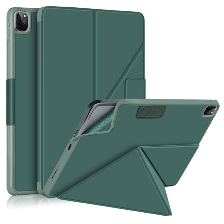 For iPad Pro 12.9 2022 / 2021 Multi-folding Horizontal Flip PU Leather Shockproof Tablet Case with Holder & Sleep / Wake-up Function(Dark Green) by bashfashion