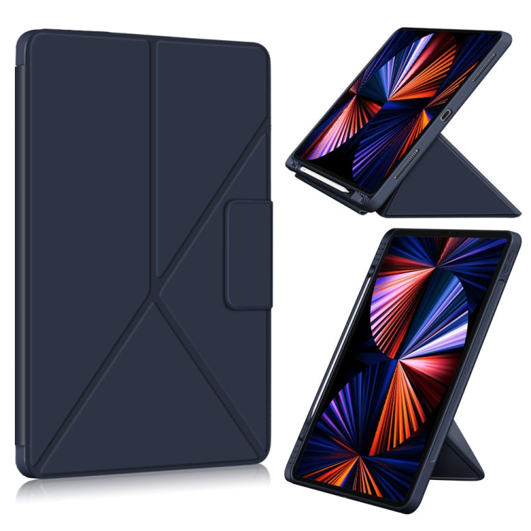 For iPad Pro 12.9 2022 / 2021 Multi-folding Horizontal Flip PU Leather Shockproof Tablet Case with Holder & Sleep / Wake-up Function (Dark Blue) by bashfashion