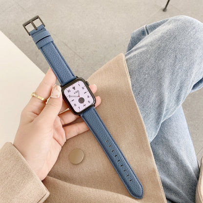 For Apple Watch Ultra 49mm&Watch Ultra 2 49mm / Series 9&8&7 45mm / SE 3&SE 2&6&SE&5&4 44mm / 3&2&1 42mm Sewing Thread Lychee Texture Leather Watch Band(Blue) by bashfashion