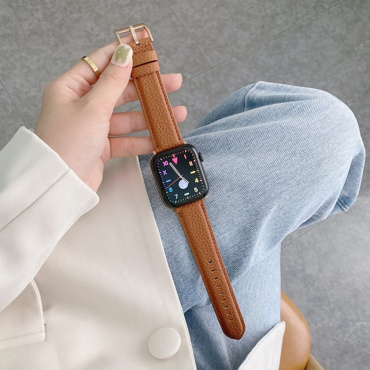For Apple Watch Ultra 49mm&Watch Ultra 2 49mm / Series 9&8&7 45mm / SE 3&SE 2&6&SE&5&4 44mm / 3&2&1 42mm Sewing Thread Lychee Texture Leather Watch Band(Brown) by bashfashion
