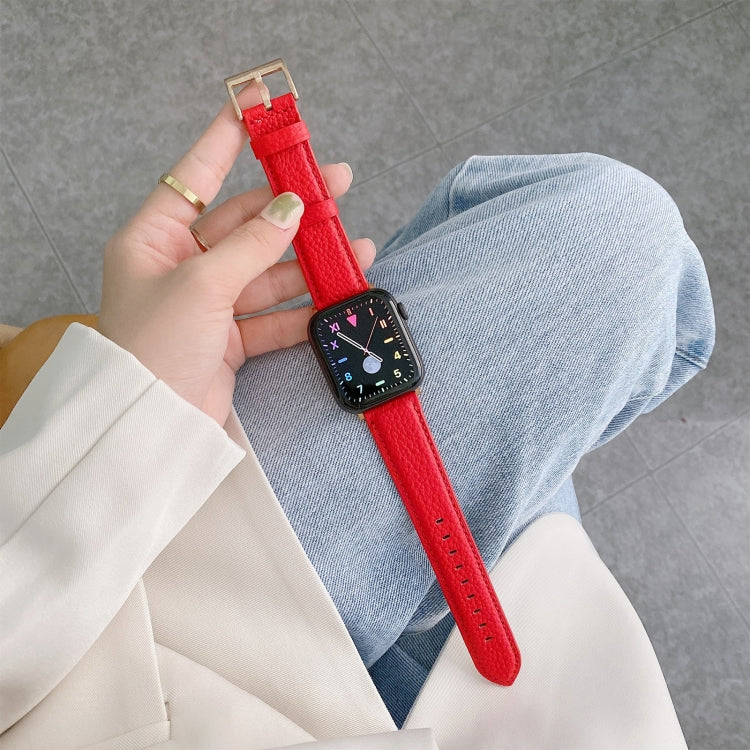 For Apple Watch Ultra 49mm&Watch Ultra 2 49mm / Series 9&8&7 45mm / SE 3&SE 2&6&SE&5&4 44mm / 3&2&1 42mm Sewing Thread Lychee Texture Leather Watch Band(Red) by bashfashion