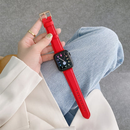 For Apple Watch Ultra 49mm&Watch Ultra 2 49mm / Series 9&8&7 45mm / SE 3&SE 2&6&SE&5&4 44mm / 3&2&1 42mm Sewing Thread Lychee Texture Leather Watch Band(Red) by bashfashion
