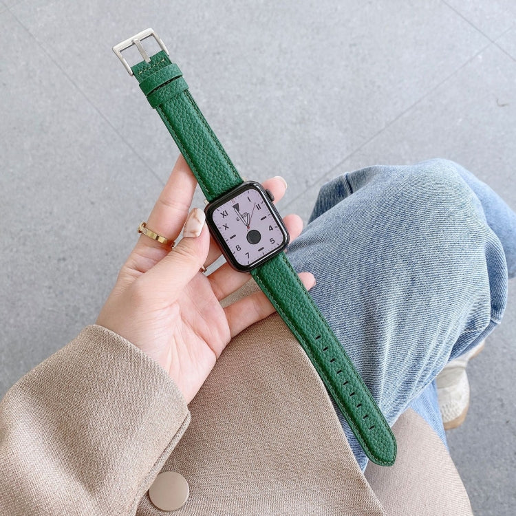 Sewing Thread Lychee Texture Leather Watch Band For Apple Watch Series 9&8&7 41mm / SE 3&SE 2&6&SE&5&4 40mm / 3&2&1 38mm(Green) by bashfashion