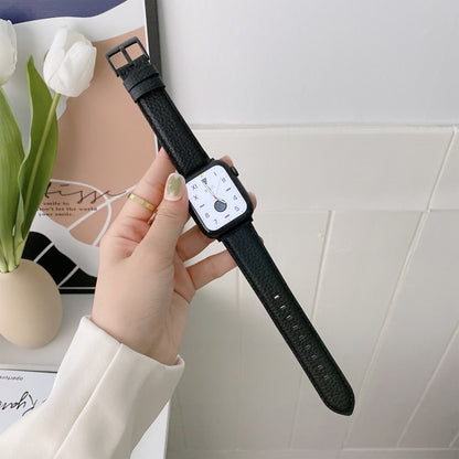 Sewing Thread Lychee Texture Leather Watch Band For Apple Watch Series 9&8&7 41mm / SE 3&SE 2&6&SE&5&4 40mm / 3&2&1 38mm(Black) by bashfashion