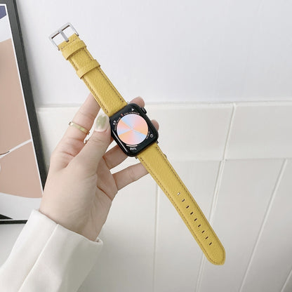 Sewing Thread Lychee Texture Leather Watch Band For Apple Watch Series 9&8&7 41mm / SE 3&SE 2&6&SE&5&4 40mm / 3&2&1 38mm(Yellow) by bashfashion